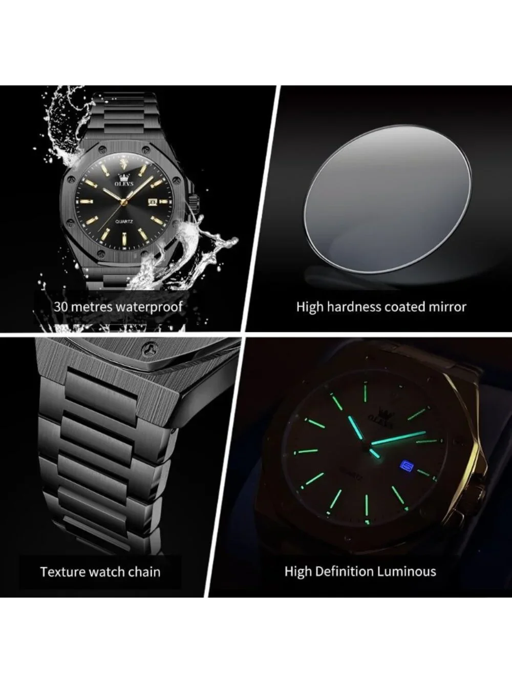 Mens Black Luxury Stainless Steel Octagon Analog Quartz Classic Waterproof Watch